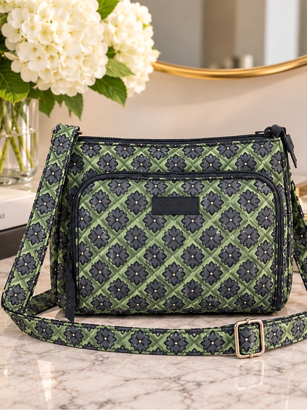 Vera Bradley Green Gray Floral Quilted Crossbody Bag
